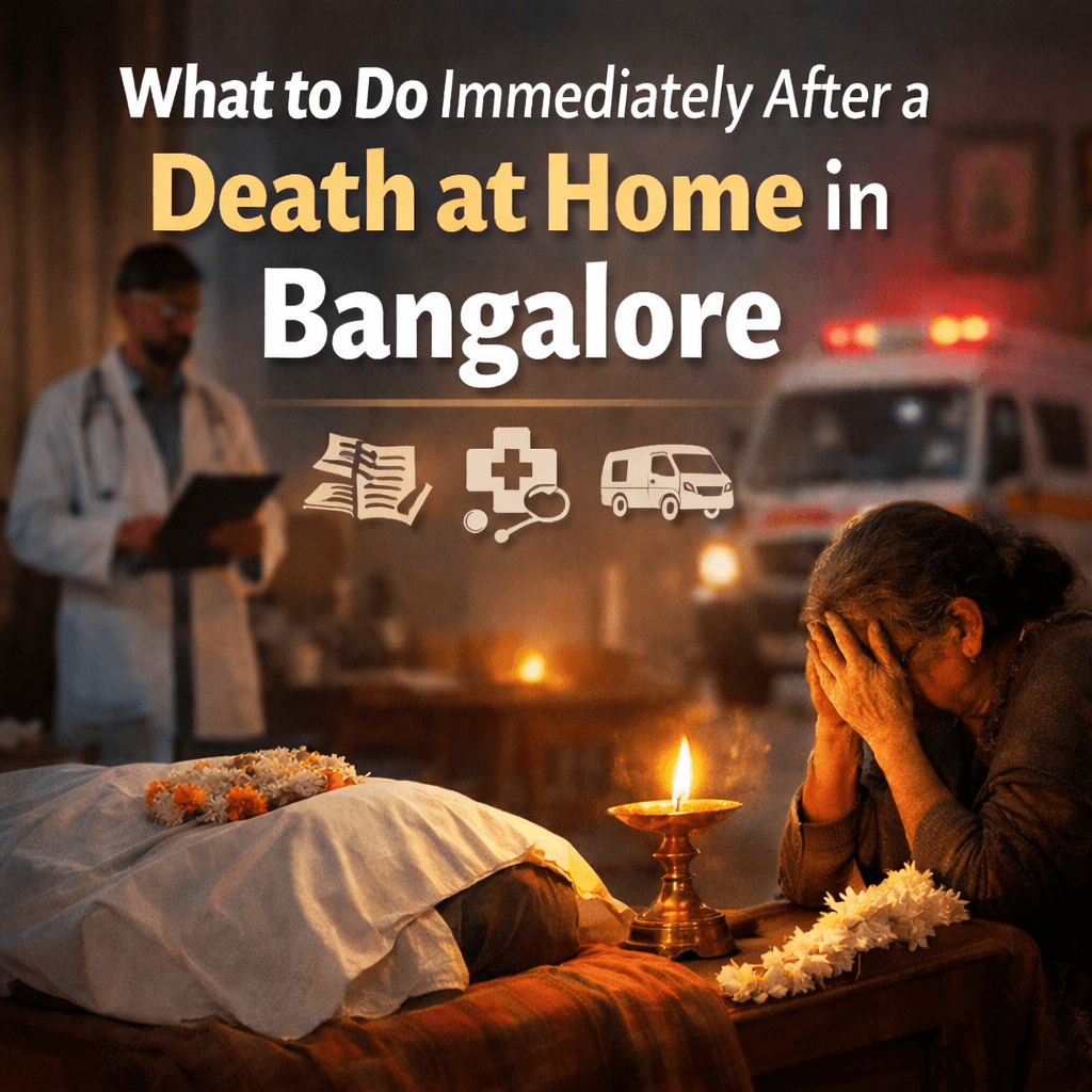 Guide on what to do immediately after a death at home in Bangalore including doctor confirmation, ambulance support, and cremation process