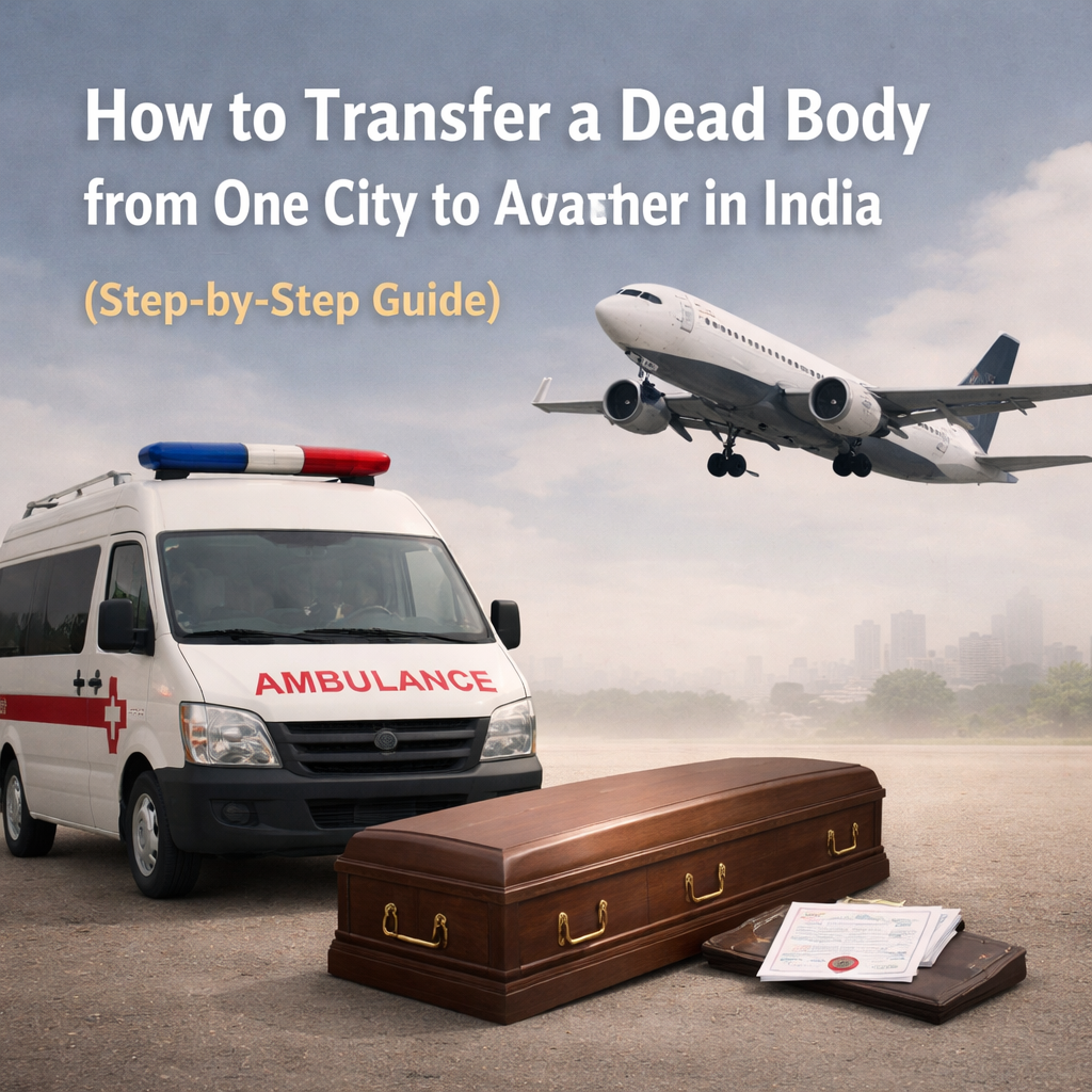Ambulance and airplane representing dead body transportation from one city to another in India with coffin and documents