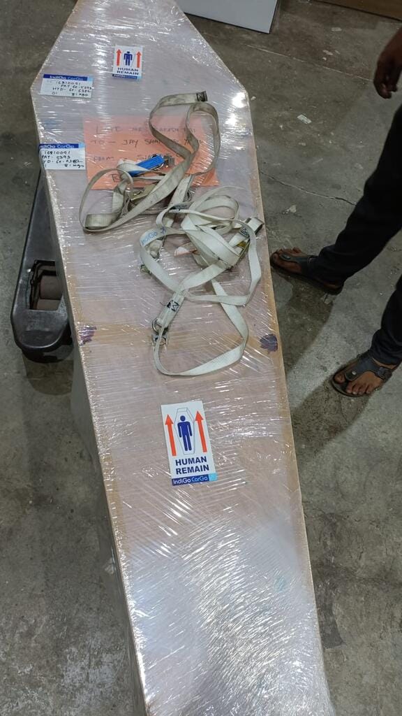 Human remains cargo coffin prepared for air transport from Bangalore
