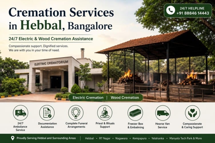 Professional electric and wood cremation services in Hebbal, Bangalore with 24/7 funeral assistance.