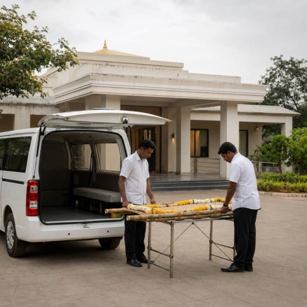 Funeral team preparing a flower-decorated arthi beside a hearse van for cremation services in Sumanahalli, Bangalore.